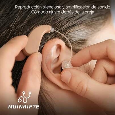 Audífono retroauricular con amplificación de audio, adecuado para usuarios de edad avanzada, con reducción inteligente del ruido y control de volumen.