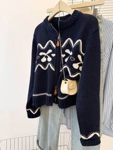 JIANHU Cozy Zip-Up Knit Cardigan For Fall/Winter, Featuring Festive Nordic-Inspired Pattern With Heart & Bow Details, Ideal For Casual Layering And Holiday Gatherings, Stylish Yet Comfortable For Your Everyday Look.