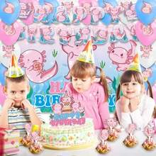 D42Pcs Axolotl Birthday Decorations Including Birthday Banner Axolotl Cake Topper Balloons Backdrop Plies Pink Cute Animals Baby Shower Decorations - Pink346 - 查看 6