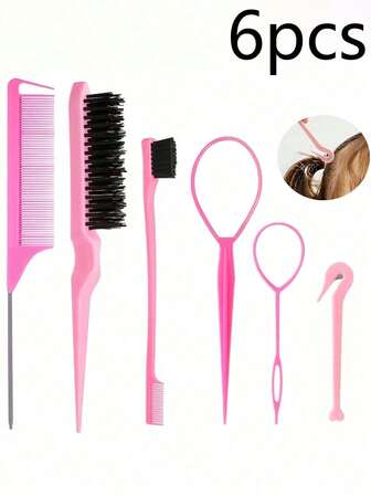 6件套粉色美发造型工具 - 包括尖尾梳、梳子、环形工具和发夹，适用于编发和DIY美发，ABS塑料手柄，完美适用于卷发，必备美发造型工具 | 美发造型工具