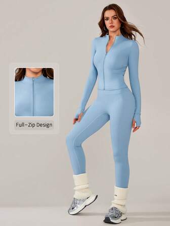 NcmRyu 1 set dambyxor med dragkedja och tumhålsdesign, långärmade, åtsittande passform, sportdräkt