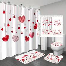 Valentine's Day Heart Shower Curtain Set, Includes 1/4 Pieces, Cartoon Pattern, Bathroom Curtains, Lightweight, Woven Polyester, Waterproof, Comes With Anti-Slip Bath Mat, Toilet Seat Cover And U-Shaped Mat, Includes 12 Hooks
