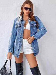 Women's Denim Jacket, Y2K Style Women's Wear, Casual And Versatile, Medium Blue Pearl - A Troubled Denim Jacket With Embellishment, Loose Long Casual Coat, Suitable For All Seasons, Pocket Design, Perfect For Going Out, Cocktail Parties, Parties, Christmas, Nightclubs, Banquets, Film Festivals, Cinemas, Balls, Cocktail Parties, Bars, Weddings, Graduation Ceremonies, Back-To-School, Birthday Parties, Rebellious Girls Festival-Themed Parties, Outdoor Outfits, Streetwear, Fashion Shows, Dates, Valentine's Day, Working Outside University, School, Village, Concerts, Street Girls, Girls, Country-Style Women's Clothing, The Best Women For Going Out, Ladies' Vacation Clothing, Country Concerts - 深藍 - 查看 4