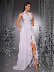 优雅性感3D立体花卉装饰露背吊带连衣裙 - 淡紫色 - 查看 1