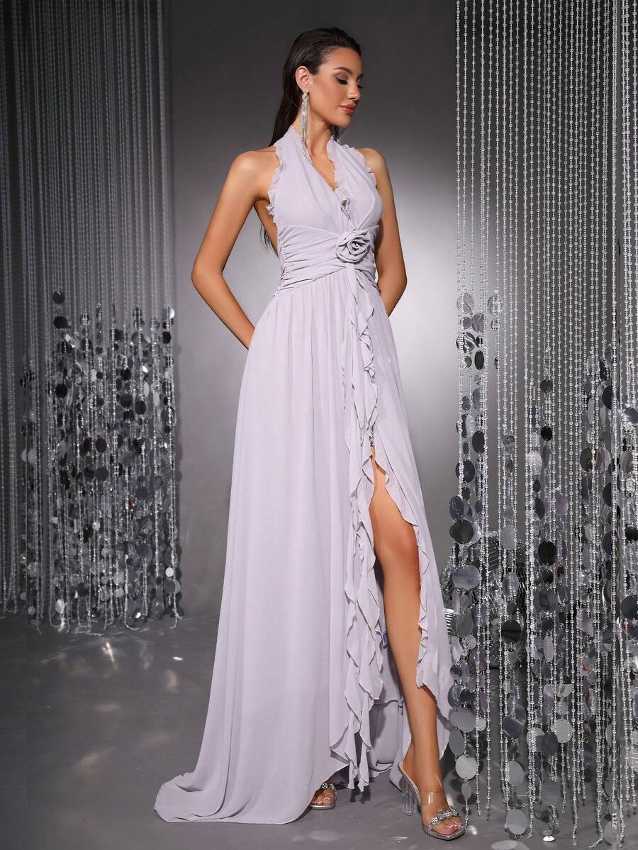 优雅性感3D立体花卉装饰露背吊带连衣裙 - 淡紫色 - 查看 1