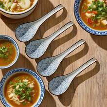 4/5件套亚洲陶瓷勺，长柄，易握，底部防滑，适用于日式拉面、中式和越南面条汤、意面等。