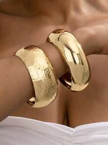 Bộ 3/2 vòng tay kim loại hình tròn và vòng cung thời trang cá nhân hóa dành cho nữ, phong cách tối giản - Vàng - Xem 14