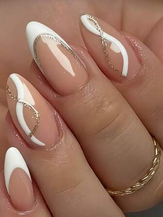 24pcs Almond Shaped Nail Tips - Minimalist Elegant Nude Color Glossy White Edge Gold Stripe Glossy Design Medium Length Artificial Nails, Suitable For Women's Daily Occasions, Parties And Special Events, A Perfect Gift For Her, Manicure Technique Gift, Exquisite Nail Art.