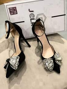 Etoivie 女士尖头高跟鞋，带水晶蝴蝶结单带，性感正式凉鞋，黑色 - 黑色 - 查看 7