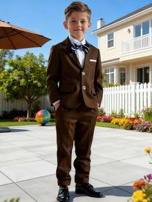 3pcs Young Boy Suit Set: Blazer Jacket + Trousers + Bow Tie, Formal Outfit For Wedding, Piano Performance, Hosting - Brown - View 3