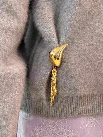 1pc Water Droplet Shaped Wheat Tassel Brooch, Niche Design Metal Smooth Surface Water Droplet Wheat Tassel Brooch, Fashionable Temperament Clothing Chest Flower Women's Style, Women's Jewelry, Sweater Decoration Brooch, Clothes Fixing Pin(5*14.5cm)