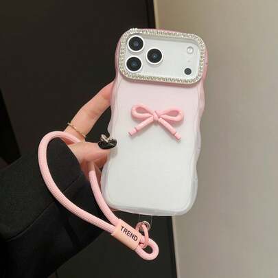 Creative High-End 3D Bow Silicone Soft Case Full Coverage For Samsung Galaxy S25 Ultra, Gradient Transparent S23 Ultra, Rhinestone Lens S22 S21 With Wrist Strap