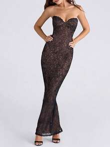 Embroidered Floral Black Lace Dress, Elegant Sexy Strapless Long Sleeve Bodycon Dress, Women's Fashion Birthday Party Cocktail Gown, 2026 New Year Special - Black - View 4