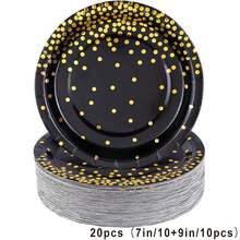 7-Inch/9-Inch Disposable Gold Foil Polka Dot Black Paper Plates, Leak-Proof Thickened Paper Plates | 3-Second Cleanup | Party Disposable | Camping & Household Stocking | Cake Plates, Birthday Party, Holiday Events, Graduation, Thanksgiving, Christmas Tableware - Black Combination With Gold Foil Polka Dots - View 10