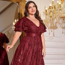 XUIBOL 高品质弹力优雅亮片拼接超修身加大码V领晚宴鸡尾酒会婚礼周年纪念家庭正式晚宴新娘送礼会生日庆祝短袖奢华端庄新娘母亲礼服（重工装饰） - 酒紅色 - 查看 10