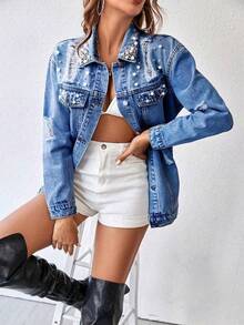 Women's Denim Jacket, Y2K Style Women's Wear, Casual And Versatile, Medium Blue Pearl - A Troubled Denim Jacket With Embellishment, Loose Long Casual Coat, Suitable For All Seasons, Pocket Design, Perfect For Going Out, Cocktail Parties, Parties, Christmas, Nightclubs, Banquets, Film Festivals, Cinemas, Balls, Cocktail Parties, Bars, Weddings, Graduation Ceremonies, Back-To-School, Birthday Parties, Rebellious Girls Festival-Themed Parties, Outdoor Outfits, Streetwear, Fashion Shows, Dates, Valentine's Day, Working Outside University, School, Village, Concerts, Street Girls, Girls, Country-Style Women's Clothing, The Best Women For Going Out, Ladies' Vacation Clothing, Country Concerts - 深藍 - 查看 6