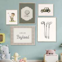 لوحة جدارية قماشية، فن جداري لغرفة طفلة أو طفل، ديكور غرفة الأطفال، منتجات أطفال، ملصقات غرفة الأطفال، لوحة جدارية بدب تيدي قديم بطراز الجولف، لون أخضر داكن، ديكور جداري مؤثر