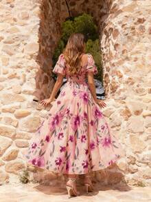 Floral Print Chiffon Maxi Dress, Square Neckline, Short Puff Sleeves - Ruched Bodice, Floor-Length Sheer Dress Decorated With Colorful Flowers, Suitable For Special Occasions, Formal Parties And Fashion Events Party Spring Pink Wedding - Pink - View 1