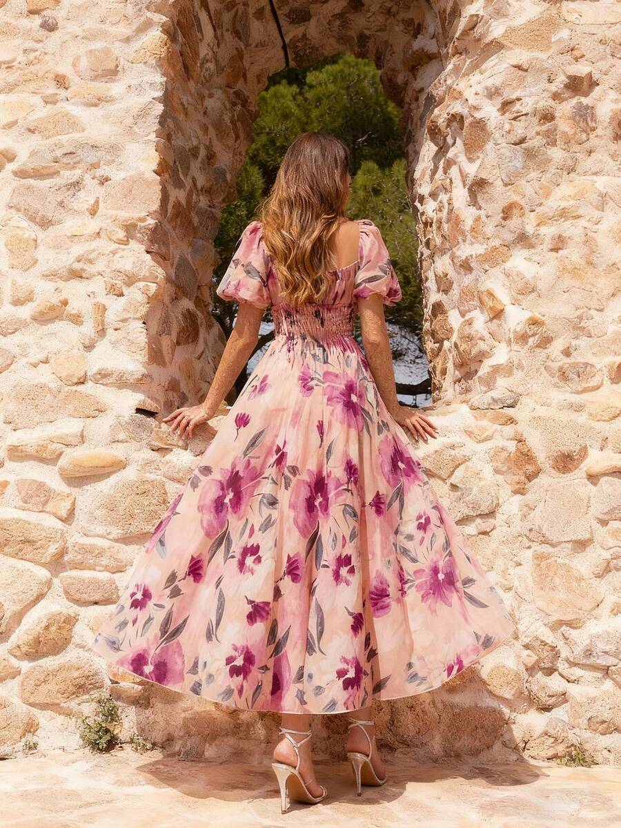 Floral Print Chiffon Maxi Dress, Square Neckline, Short Puff Sleeves - Ruched Bodice, Floor-Length Sheer Dress Decorated With Colorful Flowers, Suitable For Special Occasions, Formal Parties And Fashion Events Party Spring Pink Wedding - Pink - View 1