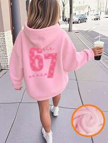 Tween Girl Graphic Print Thermal Lined Pullover Sweatshirt Sweatshirt, Warm & Comfortable For Autumn/Winter