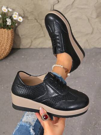 Dam Oxfordskor med tjock sula, Snörade casual sneakers, Enfärgad, Brittisk stil, Lämplig för vår och höst