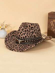 1 pieza Sombrero de vaquero unisex con estampado de leopardo occidental y correa desmontable, sombrero retro de moda adecuado para exteriores, viajes, reuniones, festivales, fiestas, Halloween - A - Ver 6