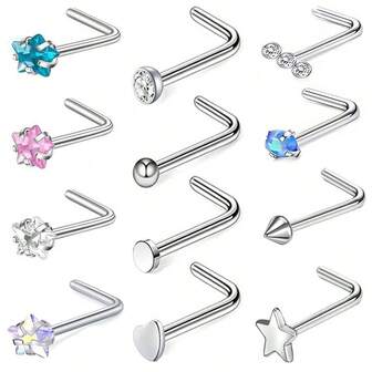 12Pcs 20G Surgical Steel Nose Studs I L Shaped Screw Studs Rings 2mm Cubic Zirconia Opal Nose Ring Labret Lip Nose Piercing Jewelry Hypoallergenic For Women Men