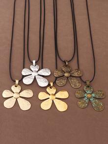 1 Piece Large Hammered Flower Pendant Wax Rope Necklace, Big Flower Charm Pendants Necklaces Suitable For Women's Daily Wear 28" Long - Multicolor - View 12