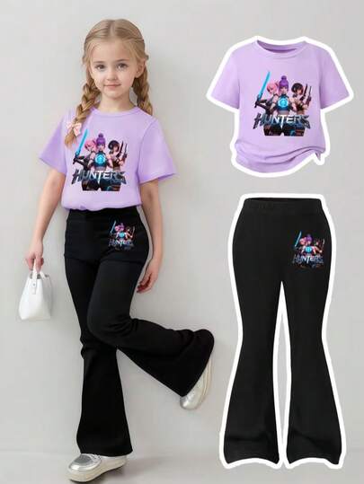 Conjunto de estilo K-Pop para niñas - Camiseta de manga corta con estampado del logo del grupo coreano y pantalones anchos de pierna acampanada, ropa casual transpirable y suave, (Conjunto a juego de fans de K-Pop), apto para uso al aire libre