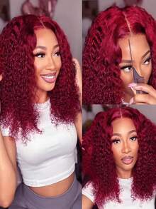 深波浪波波头真人发假发 99J 酒红色深波浪波波头假发 13x4 透明蕾丝前额预拔婴儿发 短卷波波头假发 - S99J - 查看 3