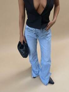 SQUALO Dark Blue Denim Jeans With Double Button Detail Spilt Hem - Dusty Blue - View 1