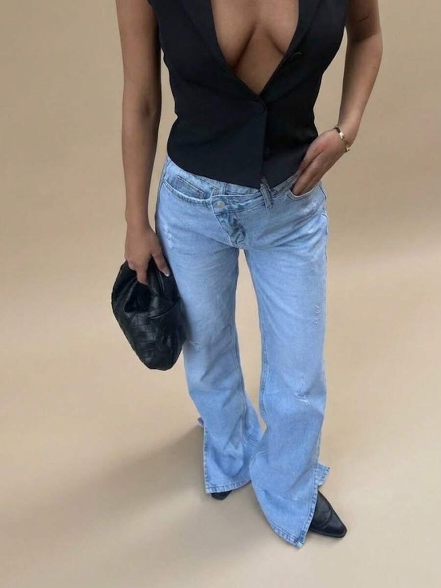 SQUALO Dark Blue Denim Jeans With Double Button Detail Spilt Hem - Dusty Blue - View 1