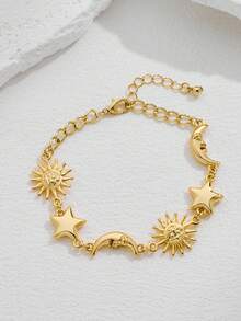 Pulseira com pingente de sol, estrela e lua em ouro 14K (1 peça), estilo vintage e elegante, ideal para mulheres. Perfeita para casamentos, férias, festas, uso diário, aniversários, Ramadã, Dia das Mães, aniversários de casamento, Dia dos Namorados e como presente de Natal. - Pulseira do Sol - Ver 3