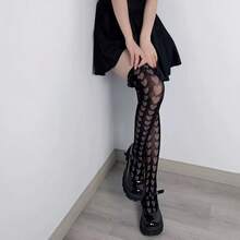 1 Pair Lolita Heart Hollow Mesh Thigh High Socks, Suitable For Christmas Party And Valentine's Day Date - Multicolor - View 3