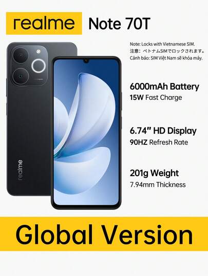 Realme Note 70T Global olåst smartphone med Unisoc T7250 Octa-Core-chip, 6,75-tums 90Hz HD+ Eye Comfort-skärm, 6000mAh långvarigt batteri, 13MP Super Clear kamera, IP54 damm-/vattentålig, 4GB+64GB/4GB+128GB/4GB+256GB (svart/guld)