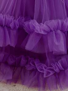 Baby Girls V-Neck Bow Ruffle Mesh Cute Wedding Dress, Suitable For Birthday Party, Excluding Headband - Purple - View 9