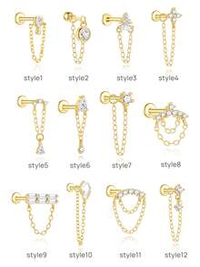 1Pc 925 Sterling Silver Helix Earrings For Women Flat Back Earrings Hidden Helix Earring Dangle Drop Tassel Chain Earring Cartilage Studs Jewelry Gift - Gold - View 1