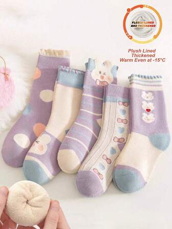 5双装加厚棉质冬季儿童袜，保暖卡通兔子图案女童袜