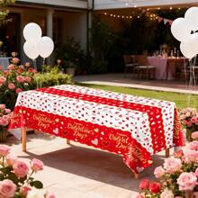 4-Piece Set/1 Red Heart Party Tablecloth, Valentine's Day Decoration 54x108 Inches, Valentine's Day Party Supplies, Disposable Plastic, Birthday, Proposal, Bridal Party, Restaurant Party Decoration - Red - View 3