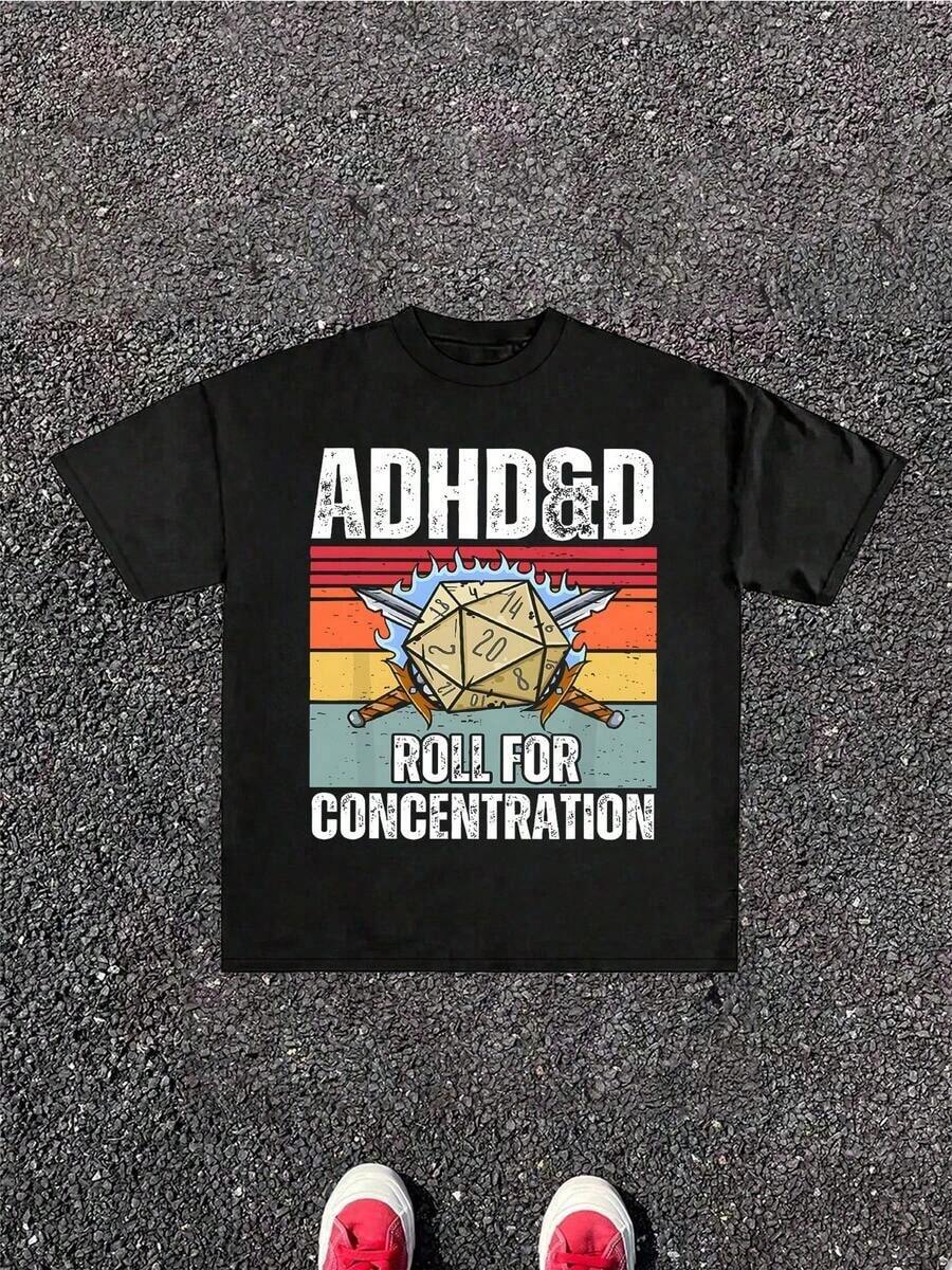 Plus Size Men's Casual Crew Neck Short Sleeve 100% Cotton T Shirt With Gaming Dice And ADHD Related Digital Print Heavyweight 220g T Shirt - Negro - Ver 1