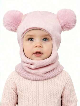 Gorro de punto con protección de doble bola para los oídos para niños, cálido para niños y niñas