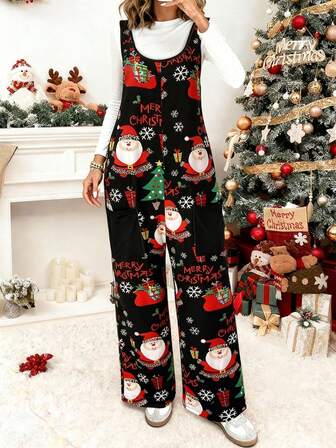 （不含 T 恤）女士圣诞老人印花吊带连体裤，带口袋，休闲阔腿假日家居服，女士时尚圣诞装，圣诞连体裤，适合日常休闲穿着