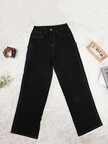 Back To School Y2K Streetwear Wide Leg Jeans Slant Pockets Wash Denim Pants Cozy High Quality Daily Casual Outdoor Fall/Winter Women Clothes - Carbon Black and Yellow Lines - View 5