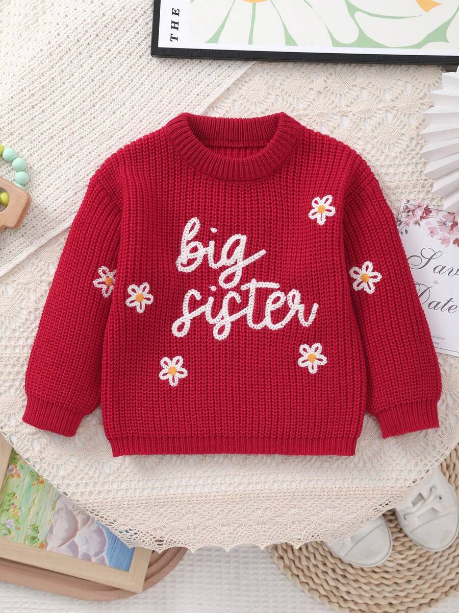 Infant Girls' Knitted Sweater With Delicate "Big Sister" Embroidery And White Floral Pattern, Soft And Cozy