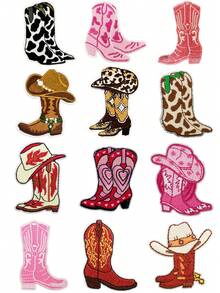 1 Set Of 3/6pcs Pink West Cowboy Shoes Embroidered Patches High Heels And Boots DIY Clothing Iron On Patches Sew Suitable For Backpacks, Jeans, Jackets, Hats, Decorative Accessory Cloth Stickers - Multicolor - View 1