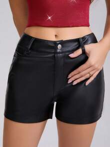 Short en PU de couleur unie pour femmes, short  noir style Y2K, short casual enduit de couleur unie pour femmes, streetwear sexy, automne/hiver - Noir - Voir 3