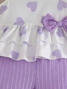 2 pièces/Set Tenue décontractée et douce pour bébé fille, Top sans manches à imprimé cœur avec double volant et nœud, short unicolore confortable. Ensemble d'été - Parme - Voir 7