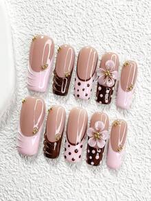 10pcs Y2K 3D Exquisite Vivid Flower Nail Kit, 3D Handmade Flowers Accent, Transparent Water Droplets Design,Polka Dot Pattern False Nails,Glamorous Floral Elements French Manicure, Elegant Yet Youthful, Available In 3 Sizes, Including Nail Art Tools(1 Sheets Jelly Stickers+1PC Nail File),Suitable For Daily, Casual, Wedding,Holiday Wear, Best Gift For Women And Girls - 彩色 - 查看 3