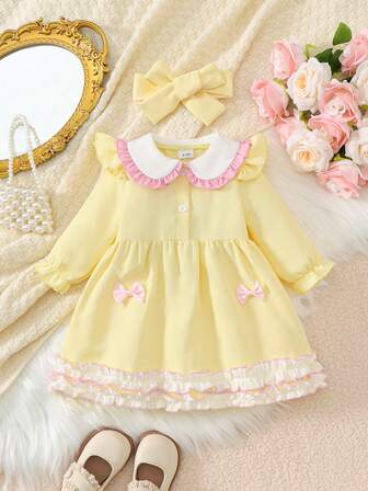 2ชิ้น/ชุด ชุดเดรสแขนยาว & ที่คาดผมลายวาฟเฟิลสีเหลืองอ่อน คอบัวตุ๊กตา Patchwork น่ารัก สไตล์ลำลอง ซิปครึ่งตัว แต่งโบว์ จับจีบระบายสองชั้น สำหรับเด็กผู้หญิง ฤดูใบไม้ผลิ/ใบไม้ร่วง