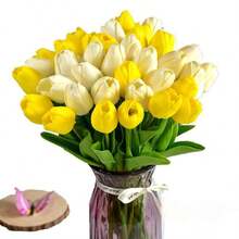 15pcs/20pcs High End PU Yellow Simulated Tulip Bouquet For Home Living Room Photography, Decoration, Biomimetic Artificial Flowers, Dry Flower Arrangement - White Yellow - View 6